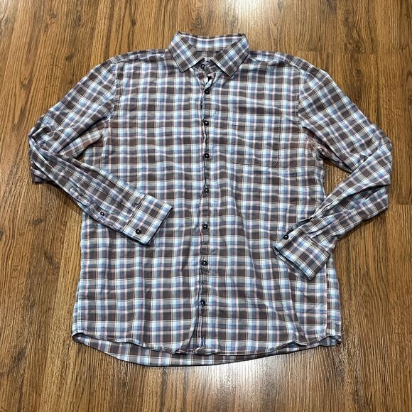 Johnnie-O Shirt Mens Medium Plaid Long Sleeve Button Down Blue Brown Pink Tide - Picture 1 of 5